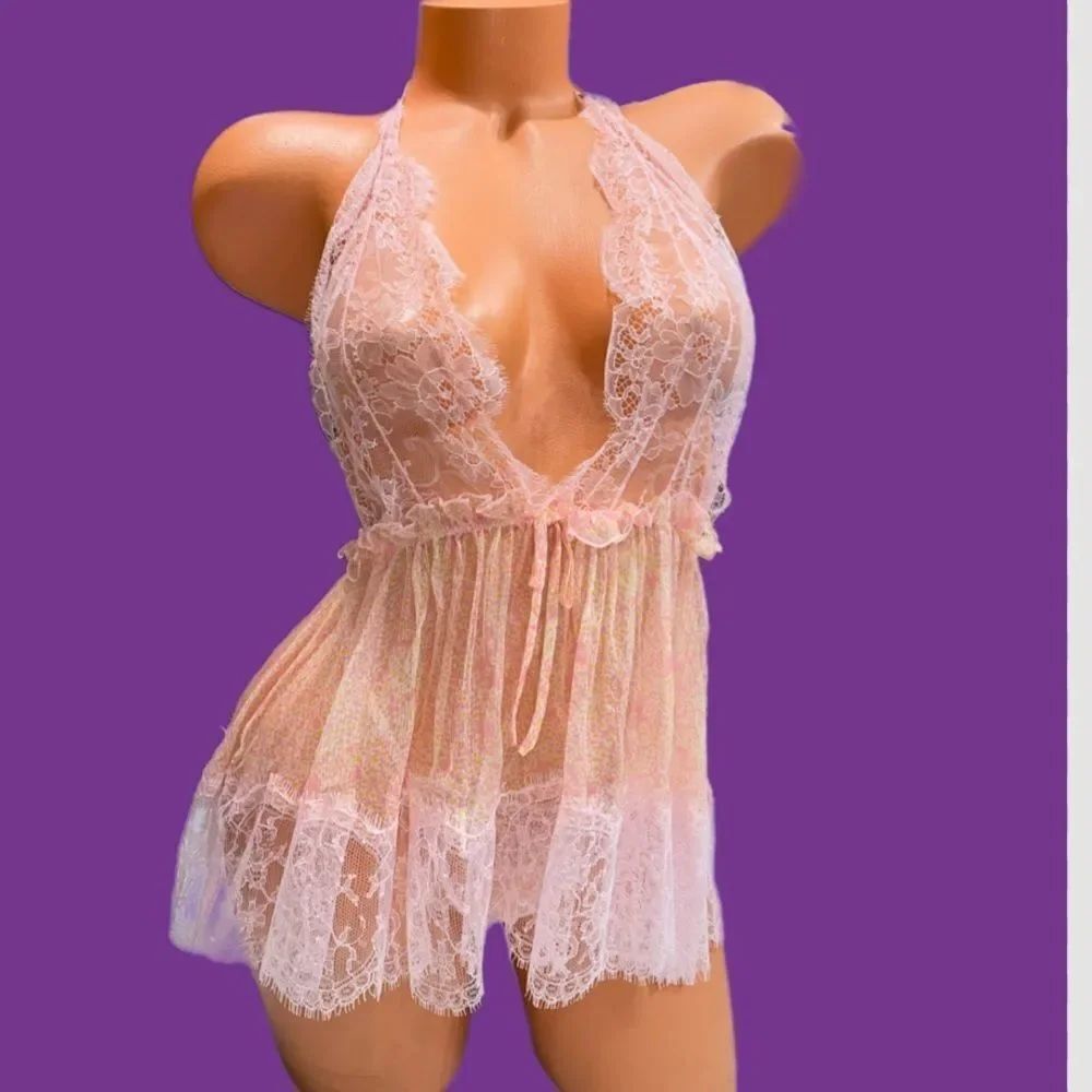 Victoria’s Secret Designer Collection babydoll sexy sheer mesh lace pink peach S